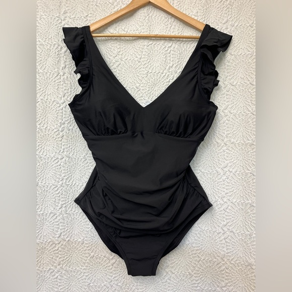 DKNY Ruffle-Trim One-Piece Swimsuit Size XXL Black Tummy Control Modest Pool - Picture 14 of 14